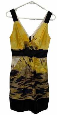 BCBGMAXAZRIA Size 0 Wool Silk Abstract Print Cocktail Dress Yellow Black